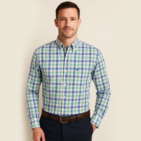 IZOD Men's Blue Green Check Classic Woven Buttoned Shirt - Size Medium - NWT $60 - Picture 1 of 6